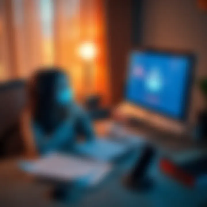 A worried woman sitting at a desk, looking at a computer screen showing a locked email account, surrounded by paperwork and a phone, representing her struggle to regain access to her crypto funds.