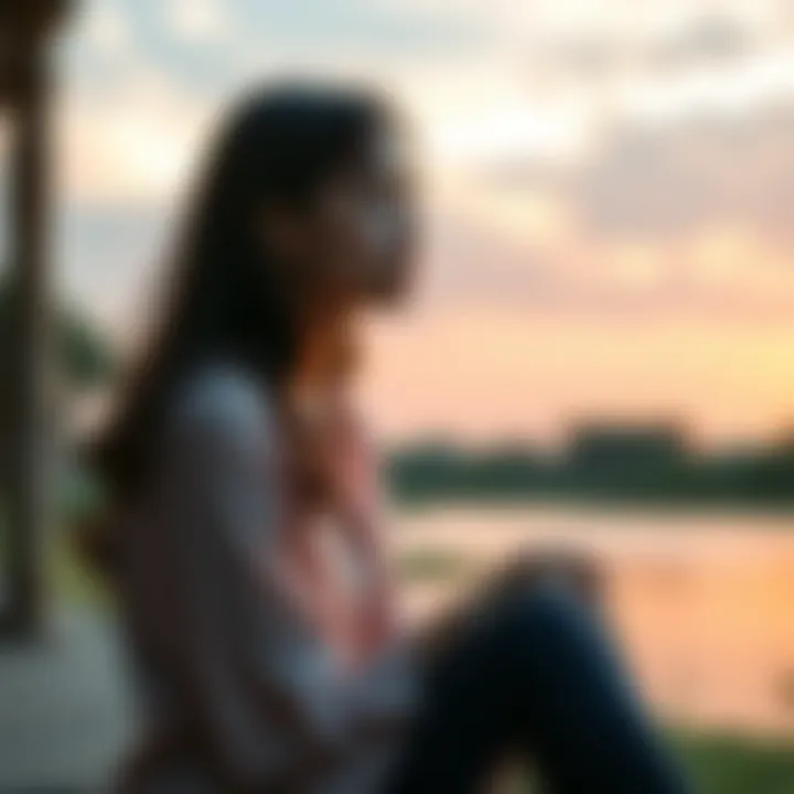 A woman sitting in a peaceful setting, looking thoughtful and contemplative, symbolizing personal growth and understanding.
