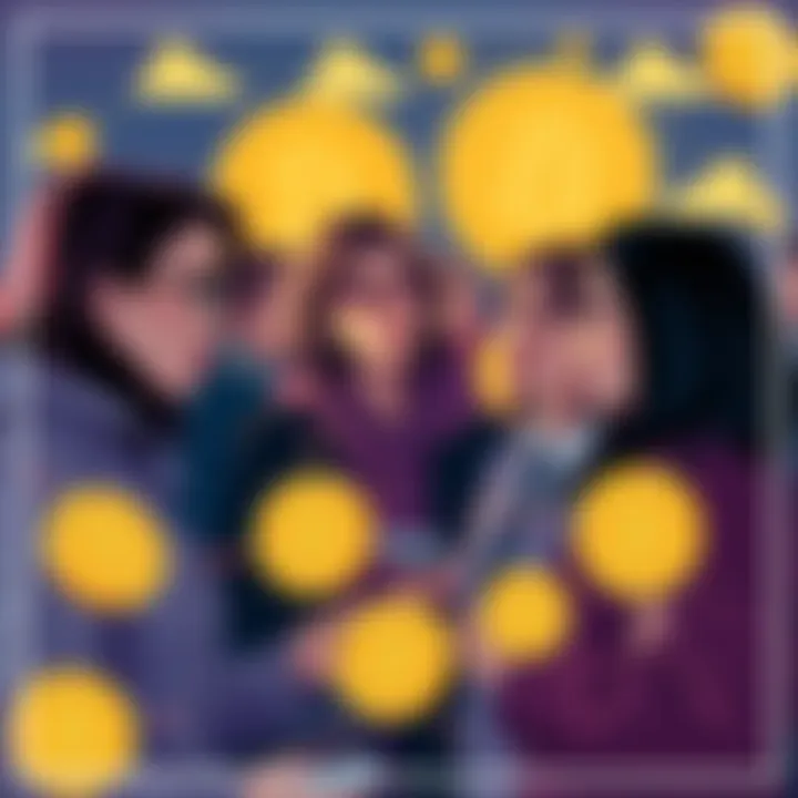 A group of women discussing cryptocurrency, with Dogecoin symbols around them, representing female voices in the Dogecoin community.