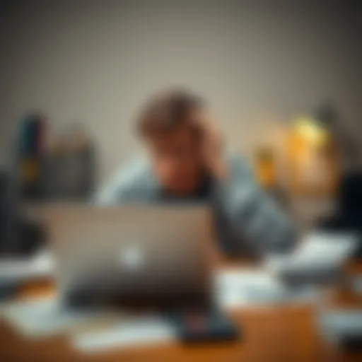 Individual sitting at a desk with a laptop, looking anxious while reviewing a crypto tax notification, surrounded by papers and a calculator, representing financial stress over crypto transactions without real gains.