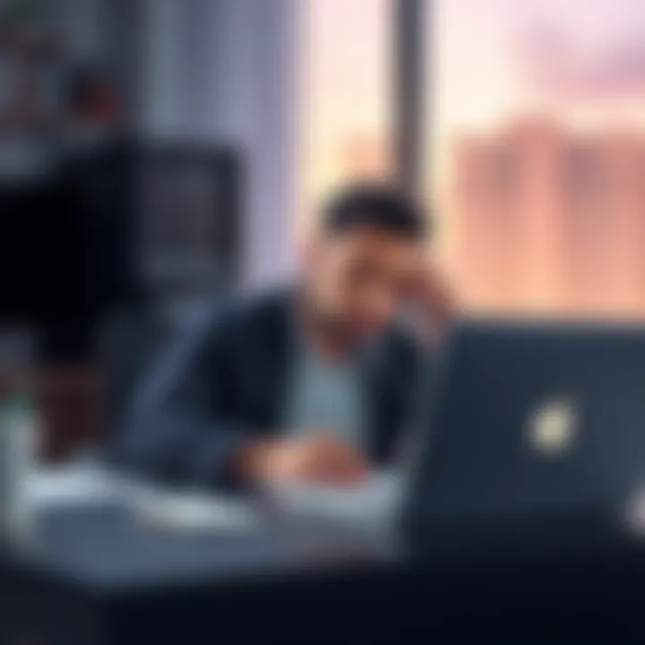 A worried person sitting at a desk, talking on the phone and looking at their laptop, representing a scam incident involving Coinbase.
