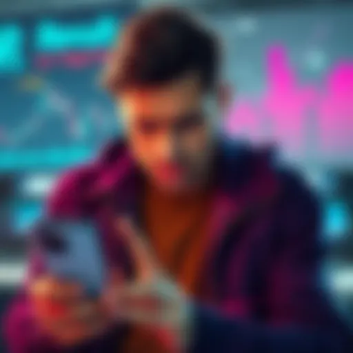 A person looking concerned while checking their Revolut app on a smartphone, with a worried expression and money-related graphics in the background
