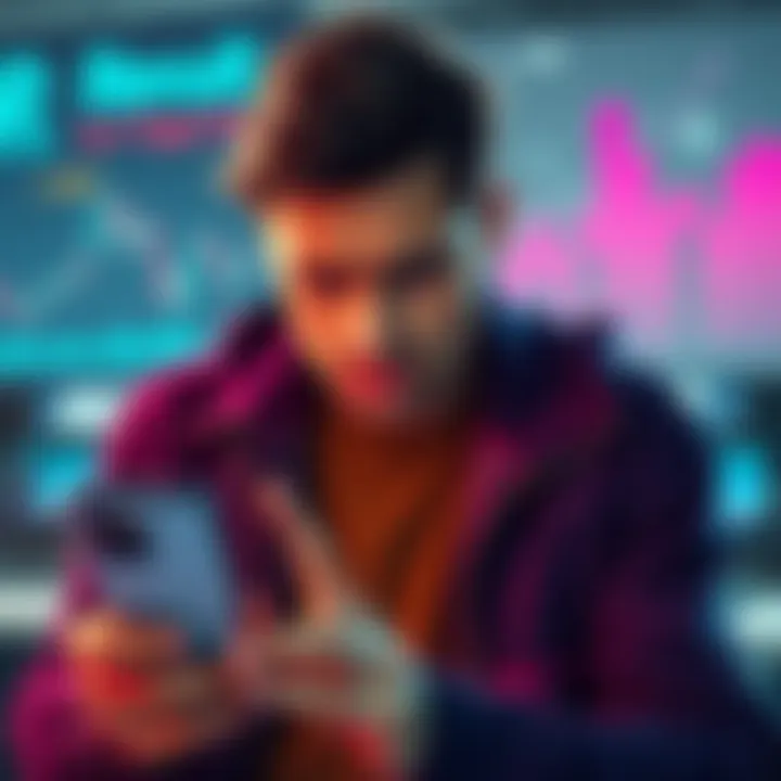 A person looking concerned while checking their Revolut app on a smartphone, with a worried expression and money-related graphics in the background