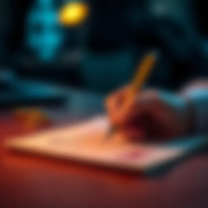 A person carefully writing a cold wallet seed phrase on paper with a pen, using random words and dummy phrases for security.