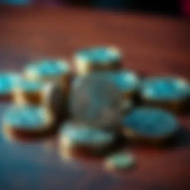A close-up view of XRP coins arranged on a table, symbolizing the discussion of XRP scarcity and its potential impact on price.