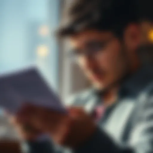 An XRP holder looks at financial documents while holding XRP coins, showing a sense of worry about selling them to cover expenses.