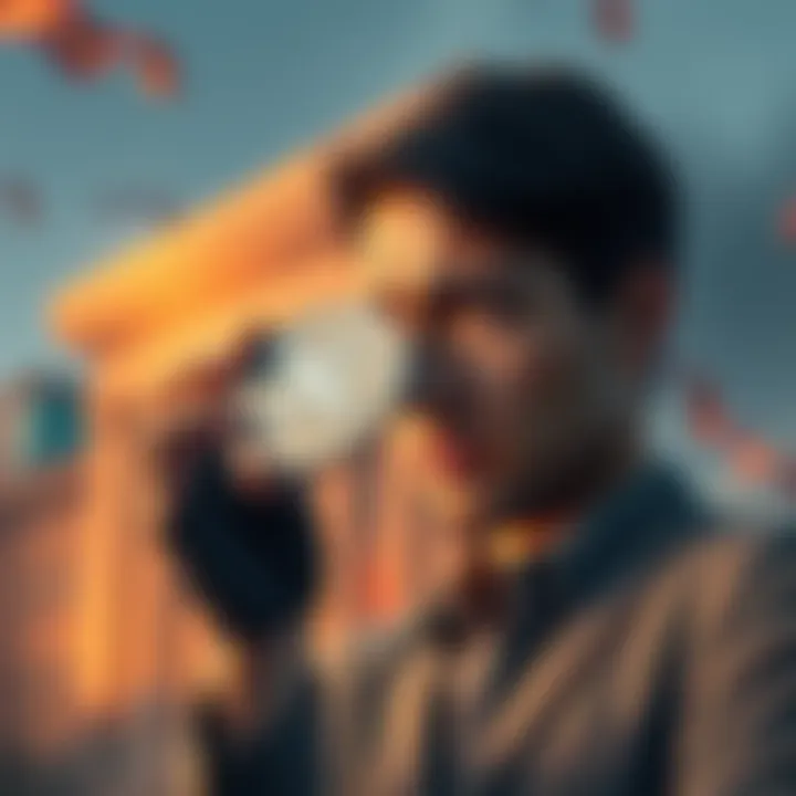 A person holding a digital coin representing XRP, looking concerned with a background of bank buildings, symbolizing the debate in the crypto community over its use and legal status.