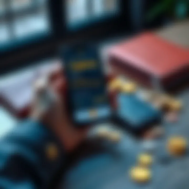 A person holding a smartphone displaying cryptocurrency exchange app, with physical coins and a cold wallet on a table.
