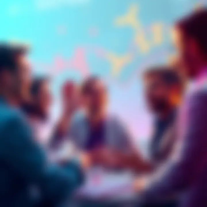 A group of XRP investors excitedly discussing potential changes in finance, with graphs and dollar signs in the background, symbolizing wealth redistribution.