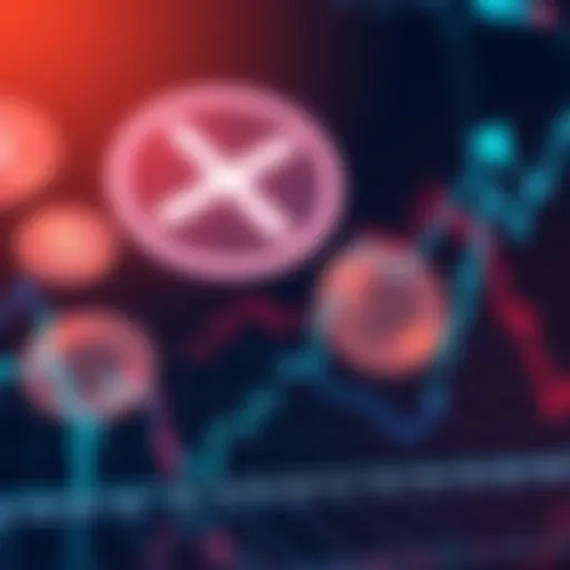 A financial graph showing an upward trend with XRP logo and digital coins in the background