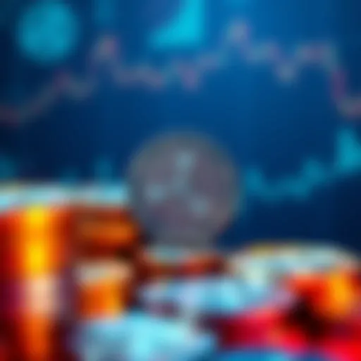 A digital representation of XRP coins with charts showing upward trends to symbolize growth and investment opportunities.
