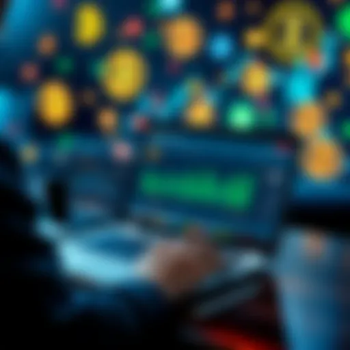 A person using a laptop to explore investment options for XRP on Coinbase and Robinhood, with cryptocurrency icons in the background.