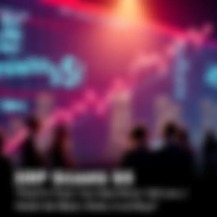 A graph showing XRP value rising to $5 with people discussing buying, holding, or selling strategies in the background