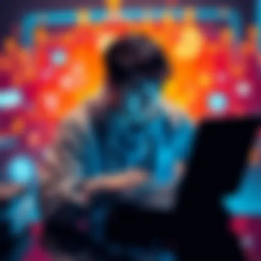 A person researching XRP news on a laptop surrounded by cryptocurrency graphics