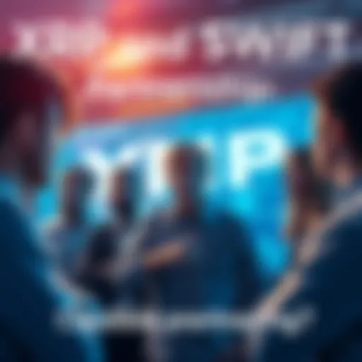 A group of people discussing the potential partnership between XRP and SWIFT, looking skeptical