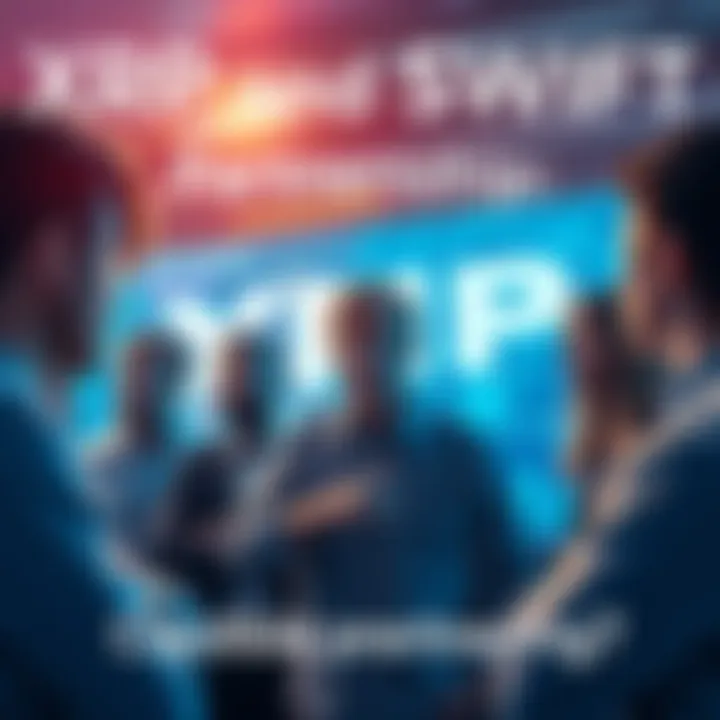 A group of people discussing the potential partnership between XRP and SWIFT, looking skeptical