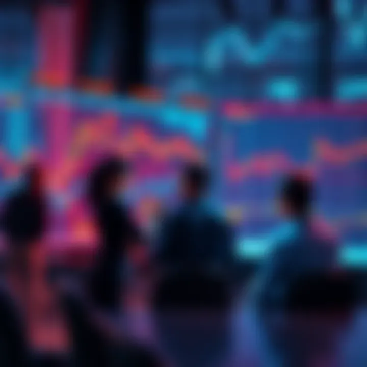 A graphic showing people discussing XRP trading strategies with charts and predictions in the background