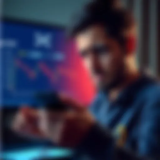 A person looking frustrated while checking their cryptocurrency wallet, with XRP logo displayed on a screen, showing a balance and a declining chart.