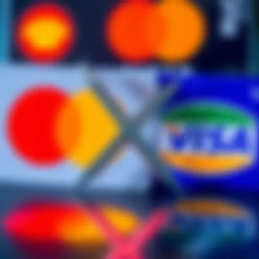 XRP logo with a background showing MasterCard and VISA logos, symbolizing competition in payment systems.