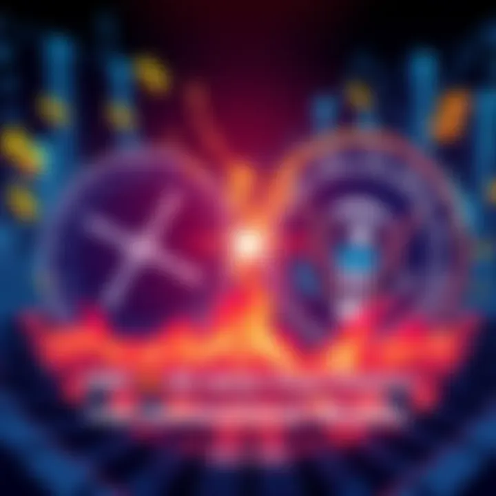 A digital illustration showing a tense confrontation between the XRP logo and the SEC emblem, symbolizing the ongoing legal battle. Background features dollar signs and financial graphs to indicate wealth opportunities.