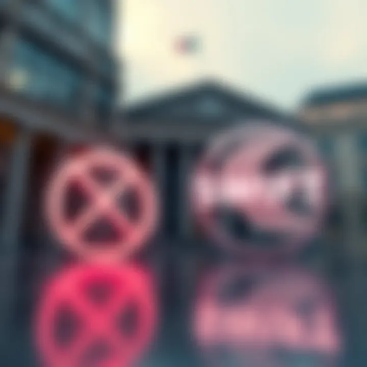 Representation of XRP symbol and SWIFT logo with bank buildings in the background, highlighting the shift in payment methods