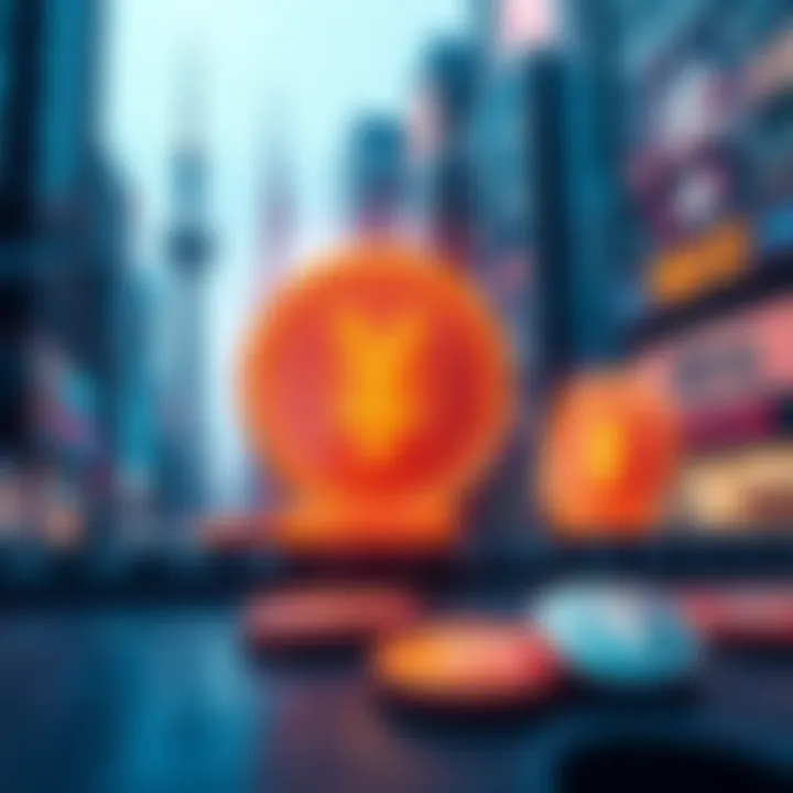 Illustration showing yen currency symbols with digital coins representing stablecoins, set against a backdrop of Japan's financial district.