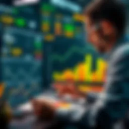 A person analyzing investment charts and graphs for yield farming strategies with cryptocurrencies and DeFi platforms in the background.
