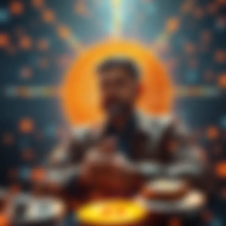 A digital representation of Yonatan focusing on developing Kaspa, with elements symbolizing community and stability, set against a backdrop of Bitcoin's iconic imagery.