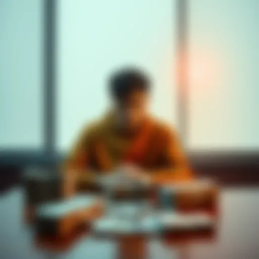 A 23-year-old sitting alone at a table, looking pensive with stacks of cash beside them, reflecting on life choices.