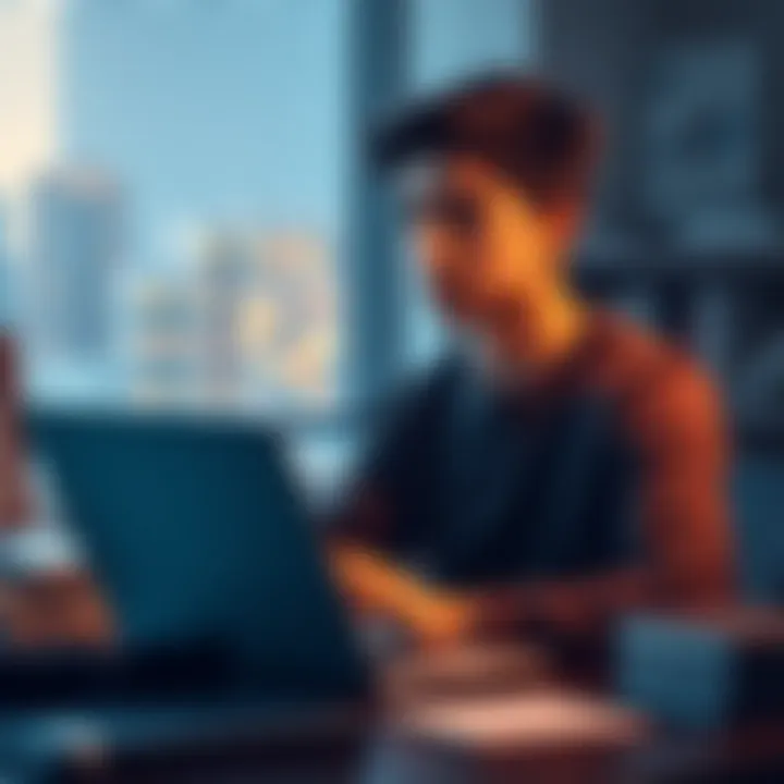 A young man sits at a desk with a laptop and books, looking thoughtful about his future in blockchain and DeFi.