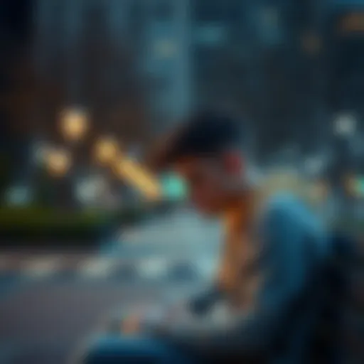 An 18-year-old male sitting alone on a bench, looking down with a worried expression, symbolizing his struggles after losing money in crypto investments.