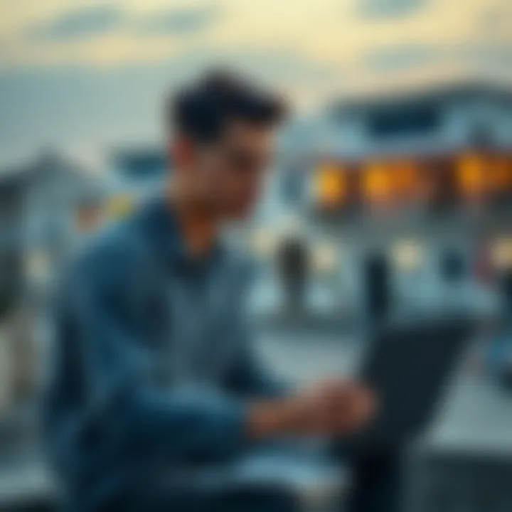 A young man in Greece pondering over financial decisions with a laptop and notes, reflecting on taking a loan for investment in HBAR.