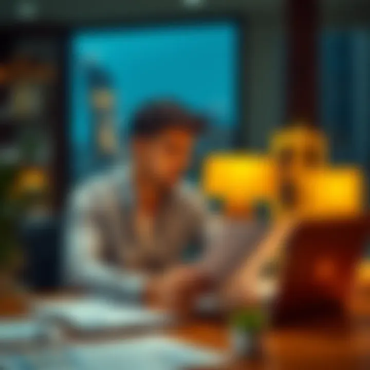 A young man sitting at a table with financial documents and a laptop, contemplating investment options after selling his business and real estate.