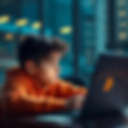 An 18-year-old looking at a laptop with Bitcoin graphics on the screen, weighing options about selling or holding, with a thoughtful expression.
