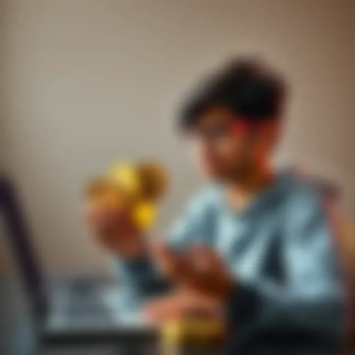 A high school student holding various cryptocurrency coins, contemplating investment options with a laptop nearby.
