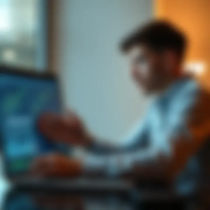 A young man analyzing his cryptocurrency portfolio on a laptop, contemplating whether to sell or hold during a market dip, with graphs and charts displayed on the screen.