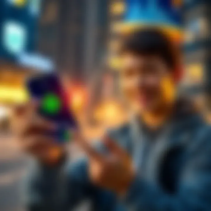 A 21-year-old investor holding a smartphone showing Hedera's logo and cryptocurrency figures, looking excited about their investment success.