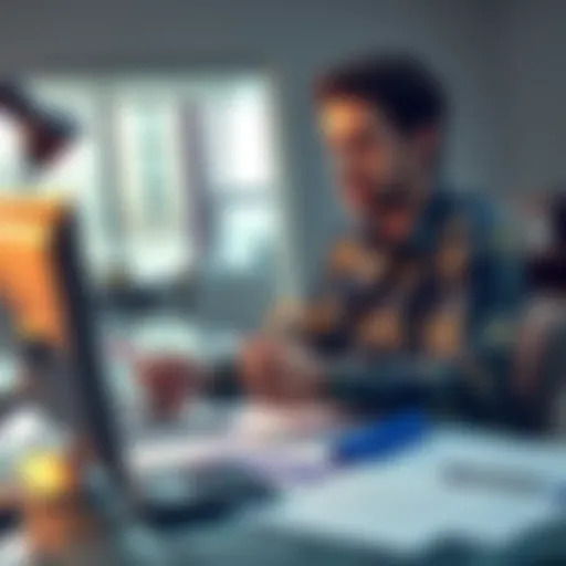 A 25-year-old looking at investment guides on a computer, surrounded by notes and a calculator, illustrating their quest for smart investment strategies for their inheritance.