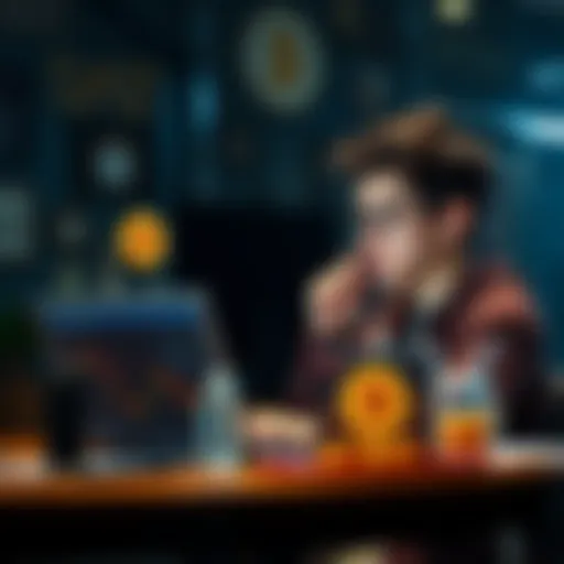 An 18-year-old student sitting at a desk, looking at a laptop with Bitcoin graphics on the screen, contemplating investment options.