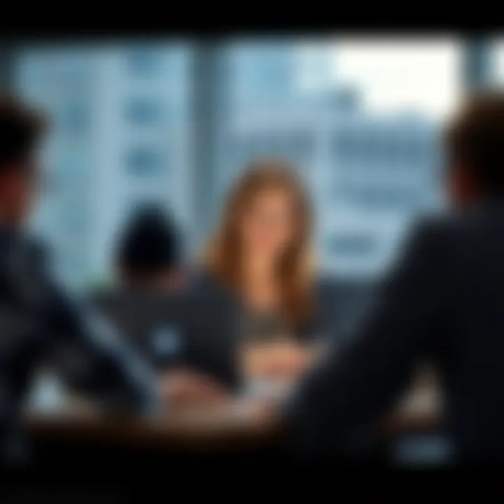 A young woman sits at a desk with a laptop, engaging in a conversation with a group of people about cryptocurrency. She looks eager and focused on gaining knowledge.