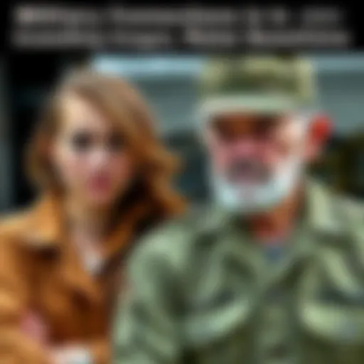 A young woman stands next to an elderly man dressed in military attire, both looking serious. The background is blurred, giving focus to the pair.