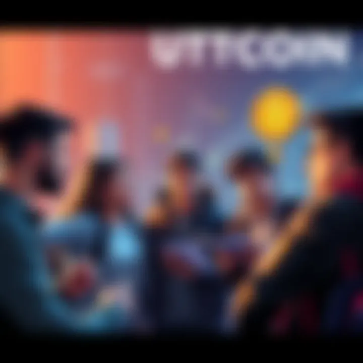 A group of young people debating the rise of buttcoin and its value compared to Bitcoin and gold, with charts and symbols in the background.