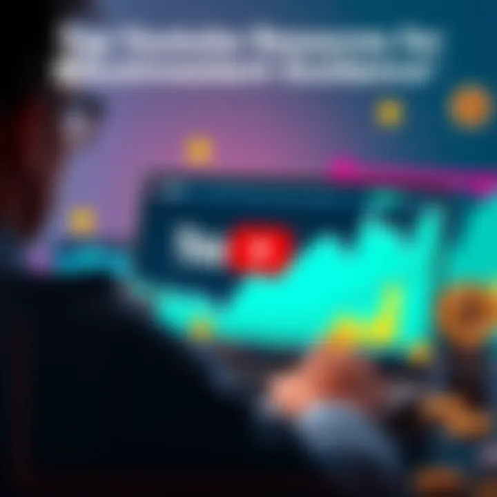 A person watching a YouTube video about Bitcoin investment on a laptop, with charts and Bitcoin symbols around them.