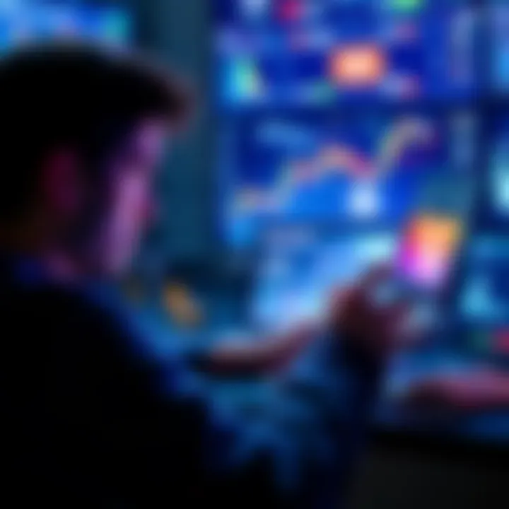 A person watching YouTube videos on cryptocurrency with a laptop, surrounded by charts and coins, illustrating digital finance education