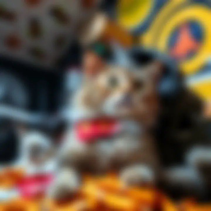 A YouTuber with a microphone talking about Litecoin alongside a playful cat wearing a bandana, surrounded by snack items like Chikun tendies.