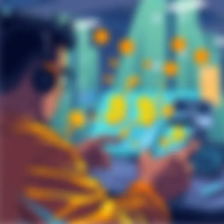 Illustration of a user playing mini games on the ZBD app to earn Bitcoin